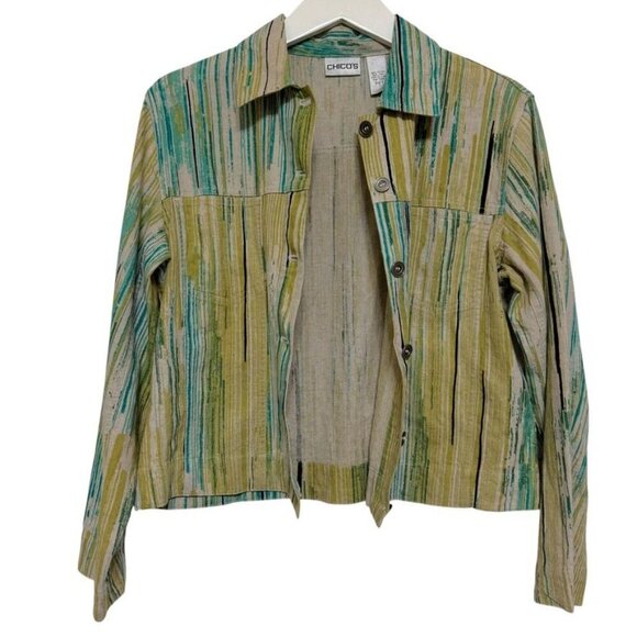 Chico's Green Tan Stripe Button Down Top Jacket Women's Small 4 Chico's Size 0 - Picture 13 of 14